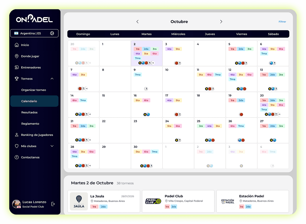 Calendario de torneos en Onpadel